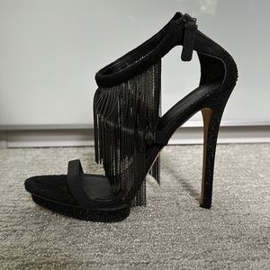 Brian Atwood “Cassiane” Chain Fringe Sandals, Black, size 8 1/2